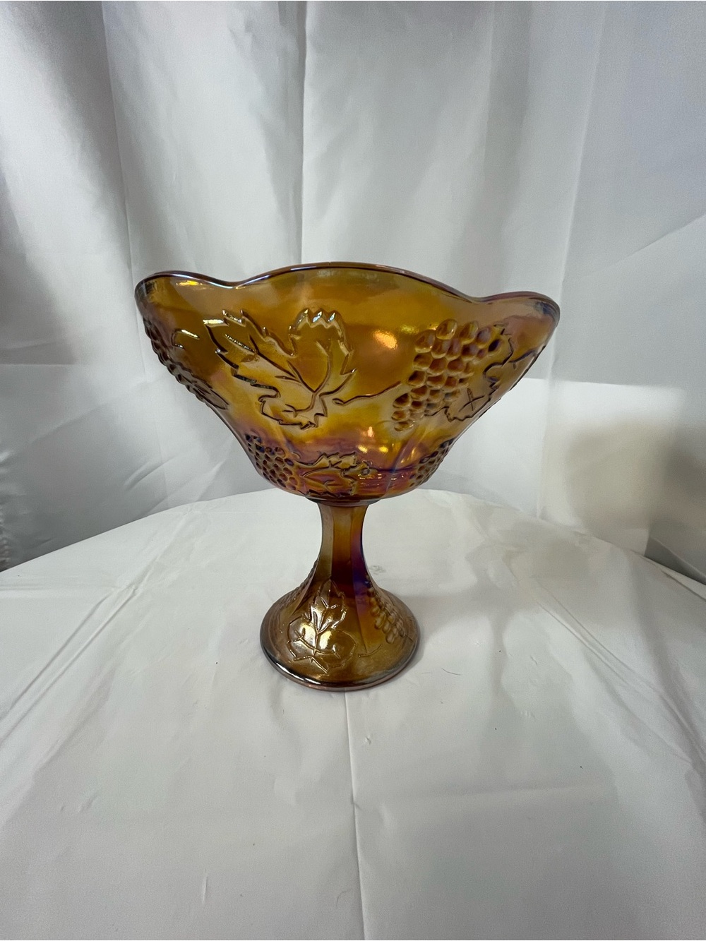 Indiana Glass Amber Iridescent Grape & Leaf Pedestal Bowl